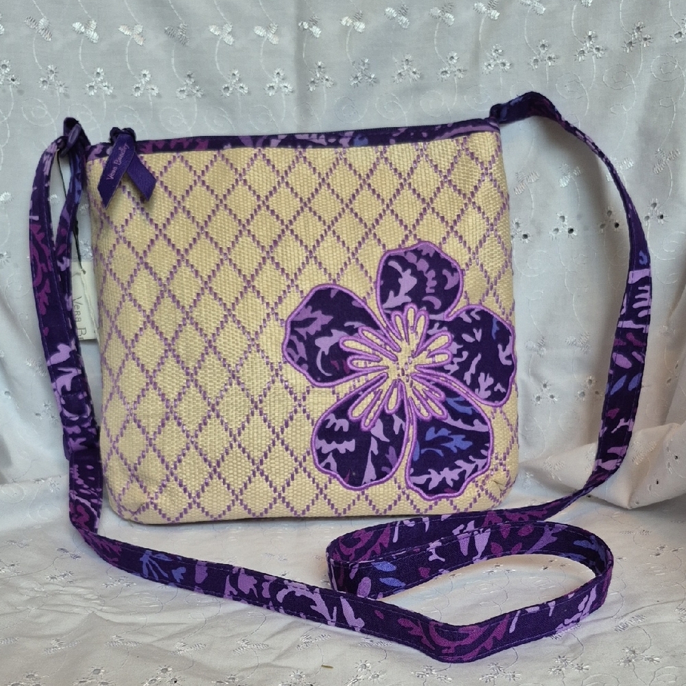 Vera Bradley Purple and Cream Floral Straw Crossbody Bag